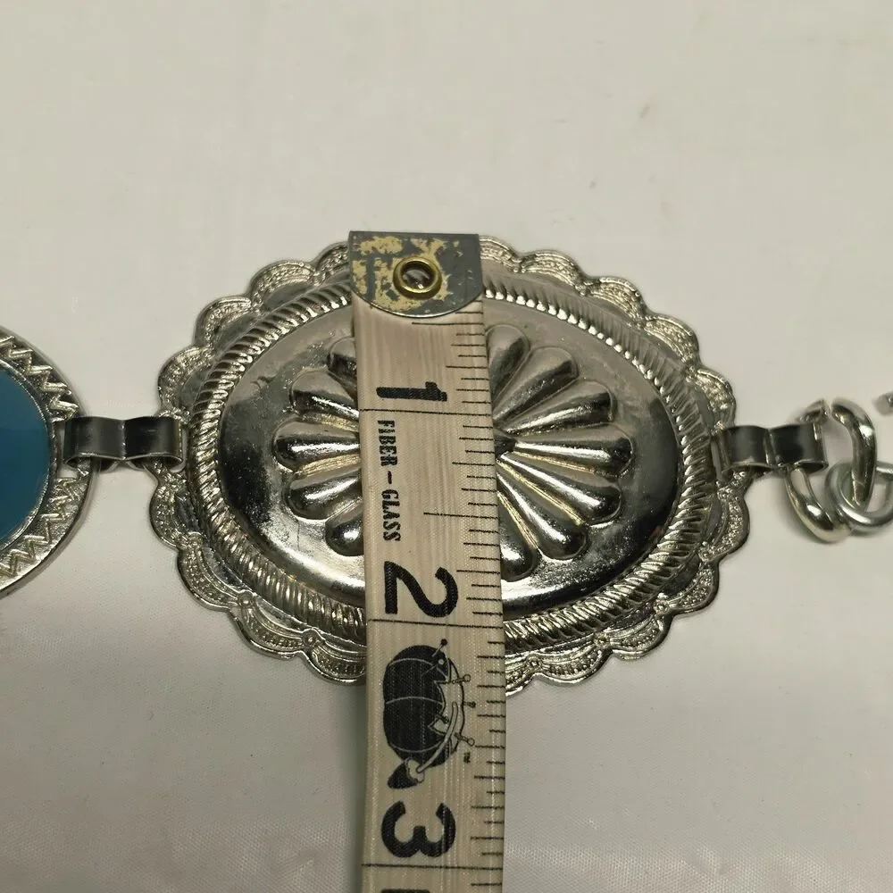 Omega Vintage Western Oval Teal Cabochon Concho Silver Chain Belt M/L Cowgirl